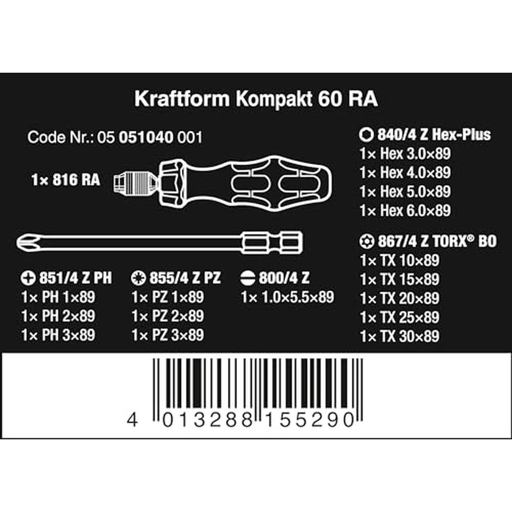 Wera 05051040001: Kraftform Kompakt 60 RA Bits Assortment – Side View