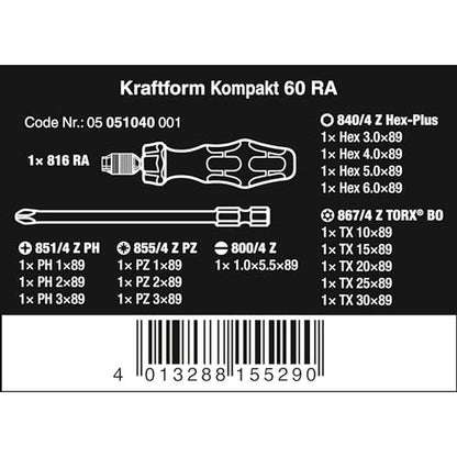 Wera 05051040001: Kraftform Kompakt 60 RA Bits Assortment – Side View