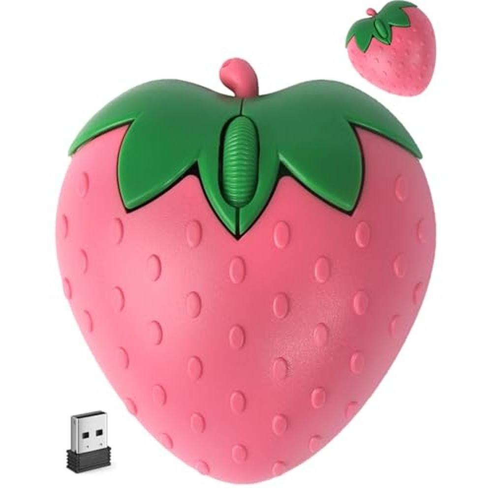 Bluetooth Mouse: Cute Pink Fruit Strawberry Shape Silent – Front View