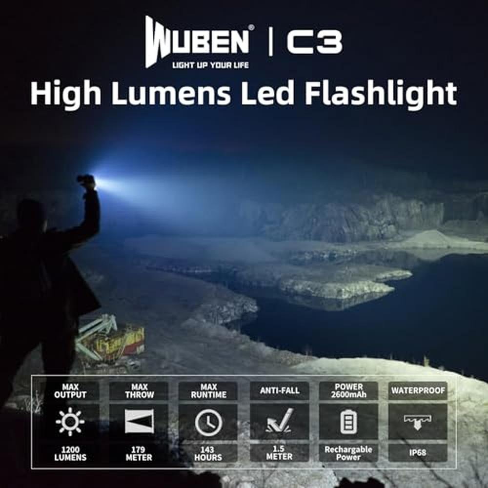 Light Wuben: WUBEN C3 Rechargeable Flashlight 1200 High – Side View