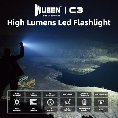 Light Wuben: WUBEN C3 Rechargeable Flashlight 1200 High – Side View